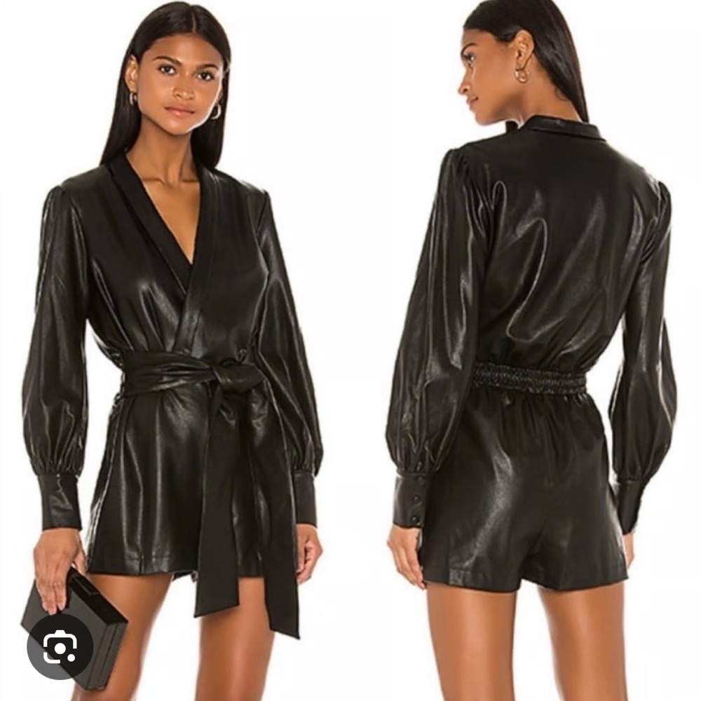 Amanda Uprichard Black Faux Leather Romper with Tie Waist